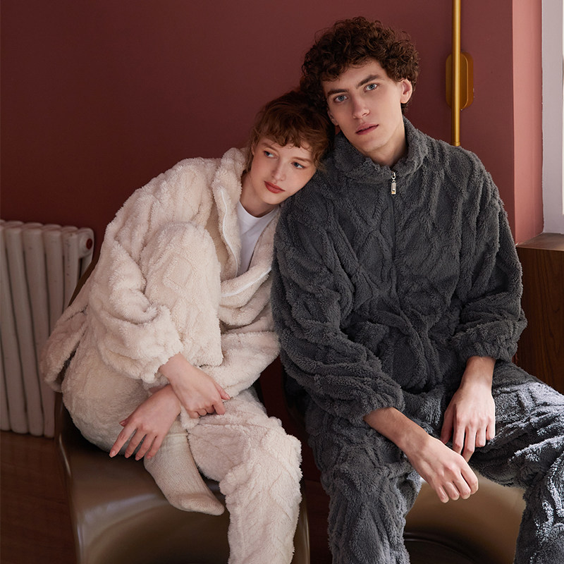 芬腾冬季珊瑚绒情侣拉链北极绒睡衣 芬腾outlets店睡衣/家居服套装