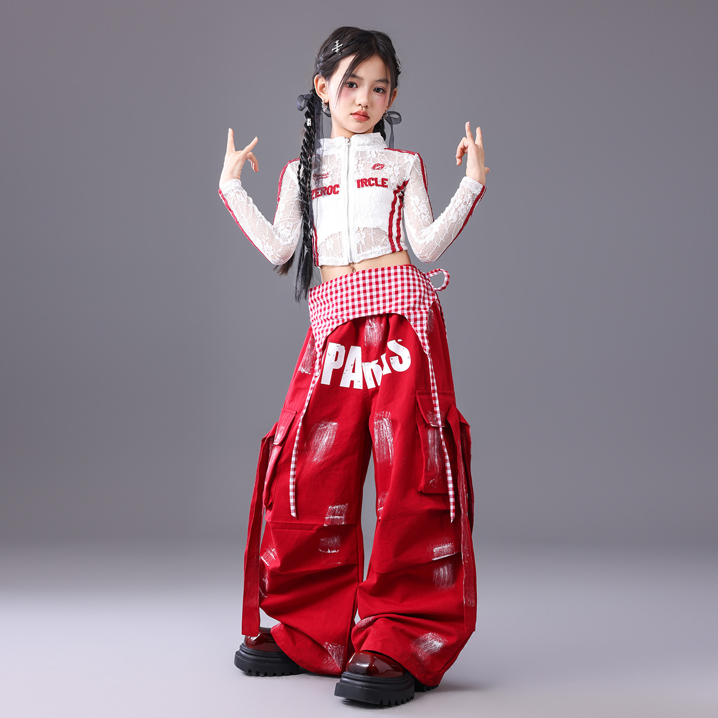 元旦儿童爵士舞女童服装红白蕾丝少儿街舞潮服女孩jazz舞台演出服 - 图3