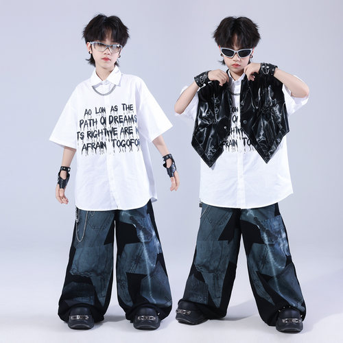 儿童hiphop街舞演出服男童嘻哈套装男孩酷帅皮马甲架子鼓表演服装 - 图1
