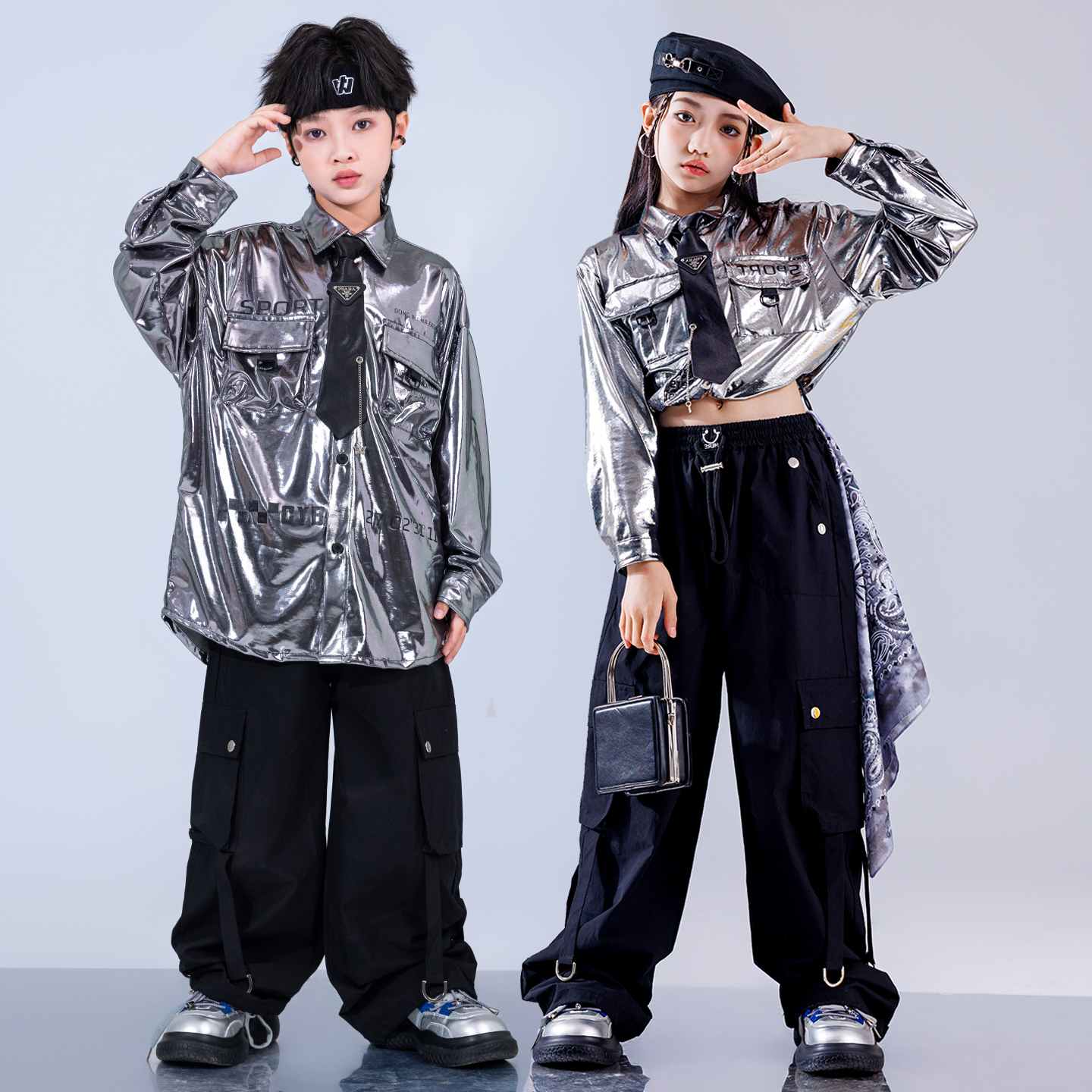 儿童街舞潮服男童科技感啦啦队女童爵士表演小学生运动会合唱服装 - 图0