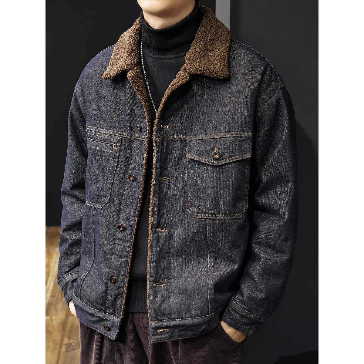 羊羔绒牛仔男士外套秋冬季2025新款加绒加厚保暖棉服美式宽松夹克 - 图3
