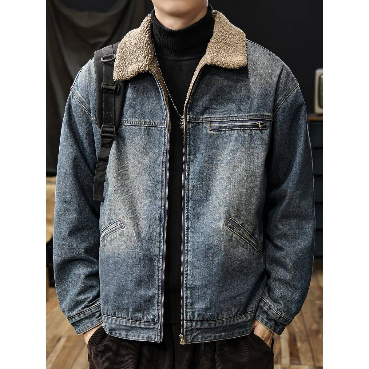 羊羔绒牛仔男士外套秋冬季2025新款加绒加厚保暖棉服美式宽松夹克 - 图1