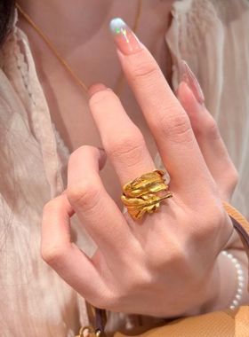 法式轻奢复古新中式拉丝羽毛戒指缠绕个性不规则国潮百搭精致指环