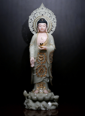 热销圆通佛具西方三圣汉白玉摆件翠玉镶金阿弥陀佛观音佛像观世音