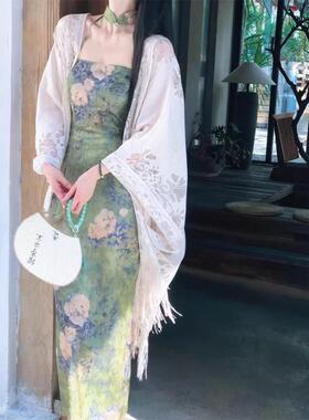 米白色复古蕾丝披肩女夏季欧货国风流苏长方形防晒外搭薄开衫上衣