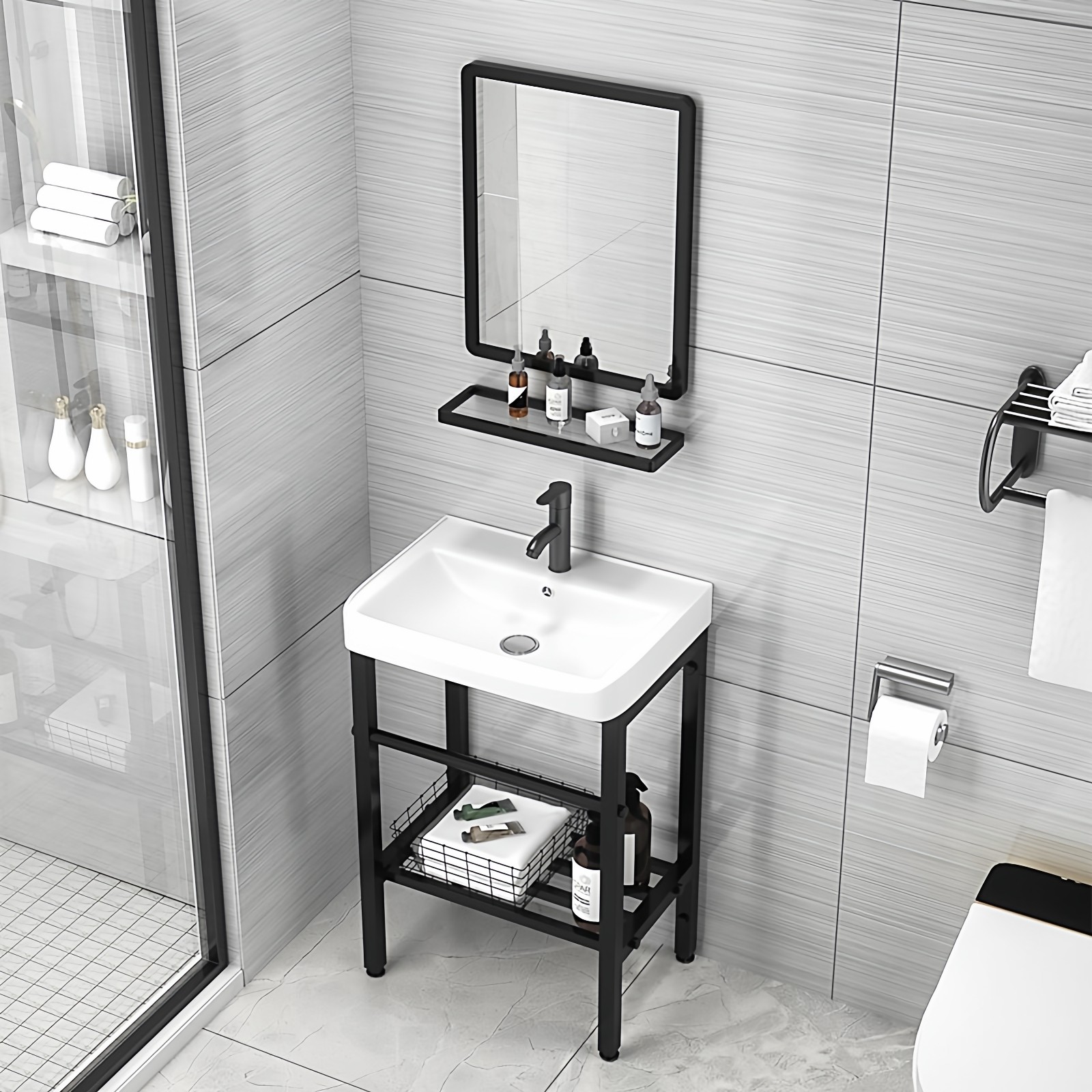 小户型落地式陶瓷洗脸盆洗手盆卫生间洗漱池黑色支架阳台立柱盆,淘宝优惠券,粉丝福利购,淘宝优惠卷