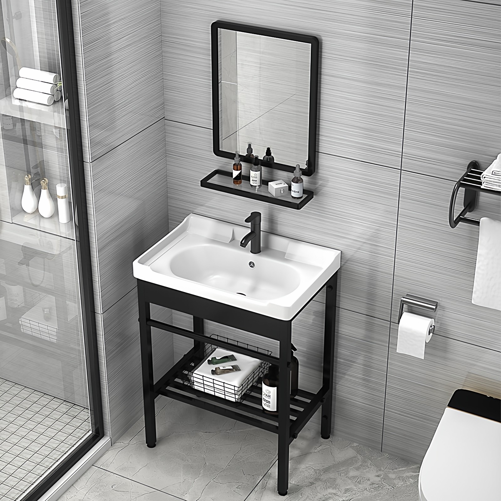 小户型落地式陶瓷洗脸盆洗手盆卫生间洗漱池黑色支架阳台立柱盆,淘宝优惠券,粉丝福利购,淘宝优惠卷