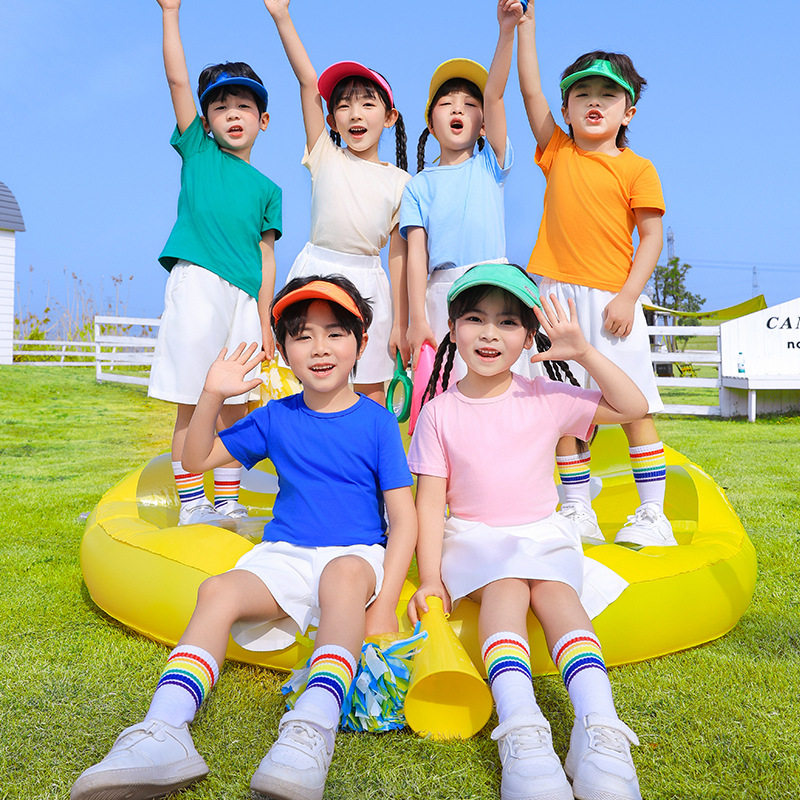 儿童彩色啦啦队演出服夏季幼儿园六一表演服男女童糖果色短袖T恤,淘宝优惠券,粉丝福利购,淘宝优惠卷