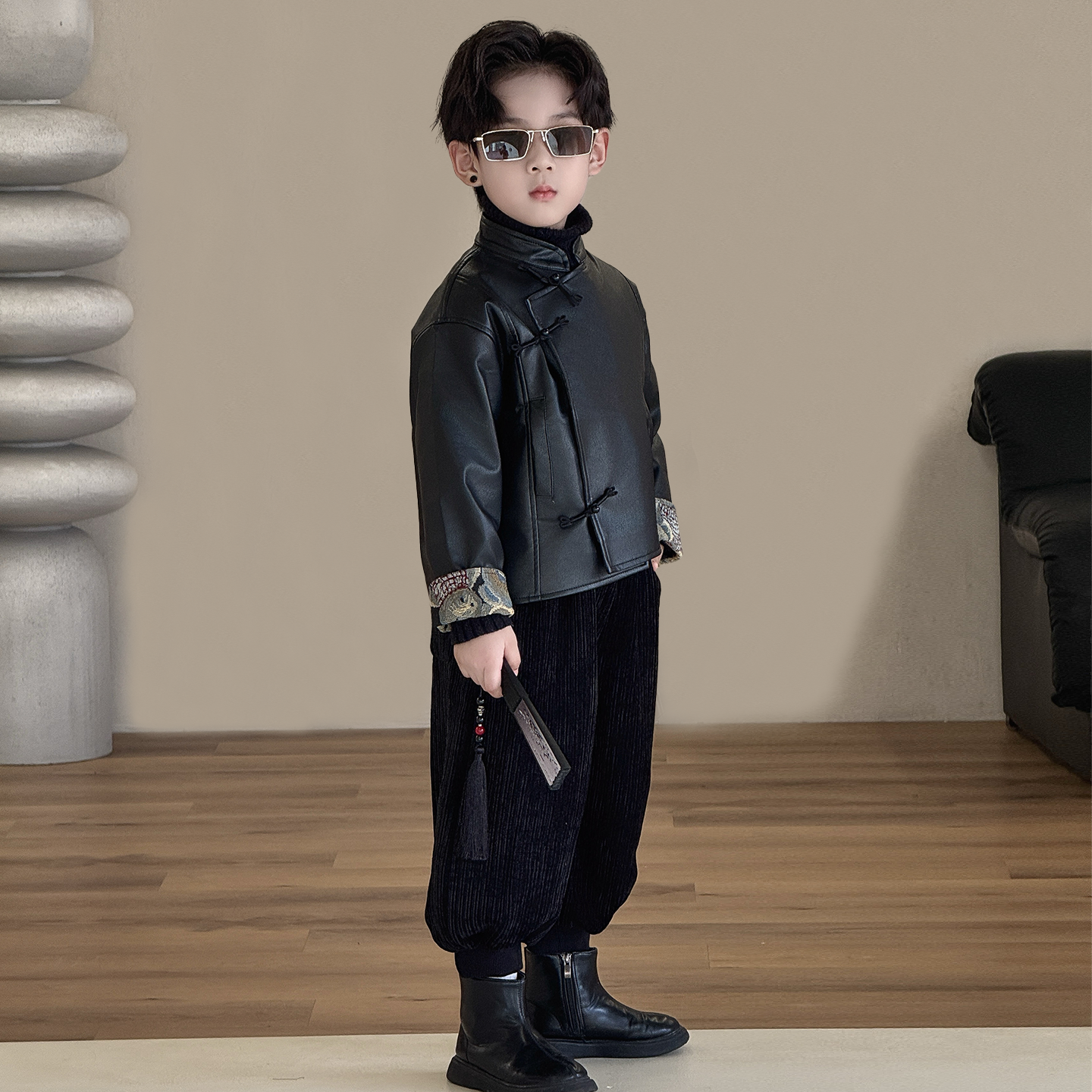 儿童皮衣外套2025秋冬新款帅气男孩国风皮夹克上衣男童高级感外套,淘宝优惠券,粉丝福利购,淘宝优惠卷