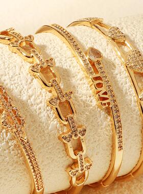 Copper inlaid zircon bracelet, geometric shape bracelet,