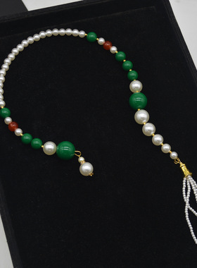 中古风法式仿珍珠开口流苏项链中国风短款汉服绿色串珠项圈锁骨链