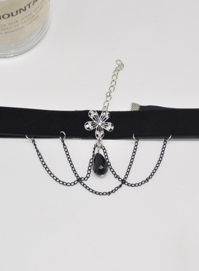 洛丽塔暗黑少女项链禁欲系女仆黑色项圈choker锁骨链流苏颈带项链