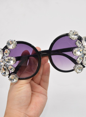 圆框紫色镜片镶钻花朵太阳镜欧美夸张个性女士遮阳防晒眼镜墨镜女