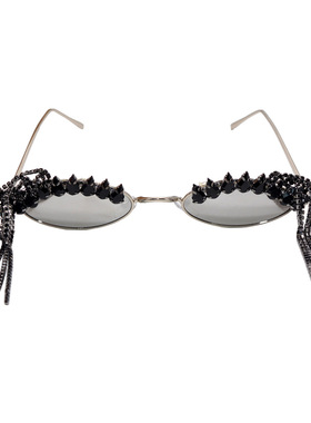 个性设计黑色水钻流苏墨镜时尚前卫椭圆形小框镶钻太阳镜遮阳眼镜