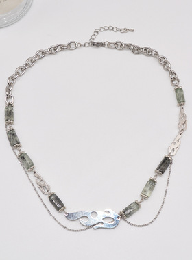 复古绿色竹节玉石拼接链条锁骨链小众设计高级感轻奢颈链项链女潮