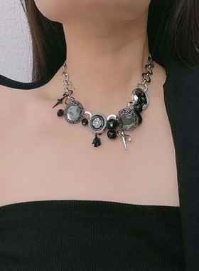 黑色回忆纽扣星星项链重工辣妹甜酷颈链亚文化夸张哥特朋克锁骨链