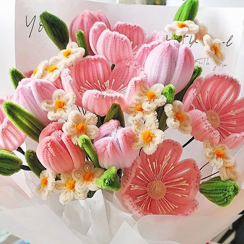 郁金香扭扭棒花束教师节手工diy材料包彩色毛根毛条特密马卡龙色玫瑰花巨型花向日葵花手工花幼儿园礼物红色 - 图2
