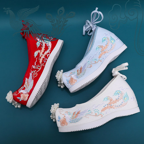 古风鞋子女汉服内增高翘头履绣花鞋古装珍珠明制演出舞蹈鞋汉服鞋 - 图2