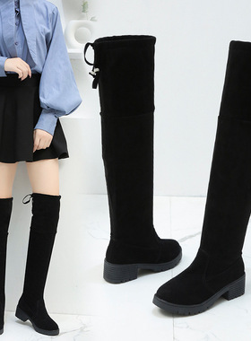 Women's fashion suede strap boots黑色绒面绑带弹力靴女长筒靴