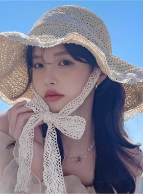 防晒帽子女夏草帽韩版系带镂空草编帽出游沙滩太阳帽蕾丝边遮阳帽