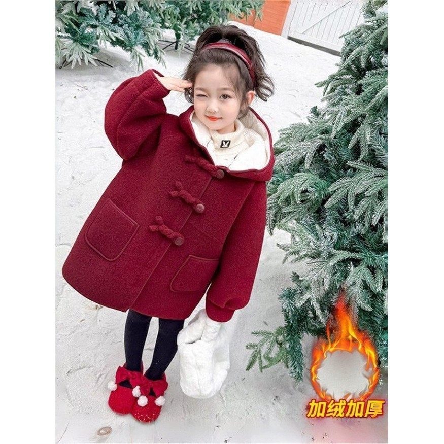 欧洲站女童加绒呢子大衣冬季2025新款韩系喜庆加厚中长款连帽保暖,淘宝优惠券,粉丝福利购,淘宝优惠卷