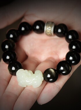 2025黑曜石金曜石和田玉白玉貔貅手串男手链生日礼物厂家直销