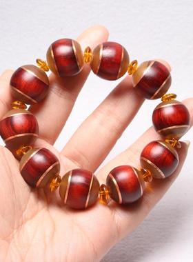 2025厂家天然羊角镶嵌金丝竹红木黑牛角竹节桶珠圆珠文玩手串