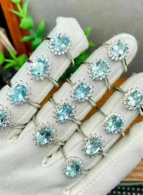 2025天然托帕石戒指高级感切面镶嵌款指环美丽天空蓝晶体通透手饰