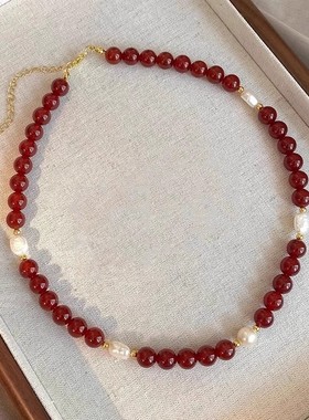 2025巴洛克淡水珍珠项链秋冬新款中式轻奢红玛瑙串珠女颈链时尚毛