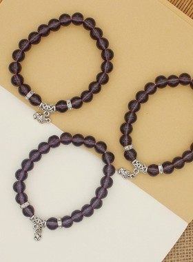 2025紫水晶圆珠手链赠品 藏银挂坠玻璃珠紫色手饰品 珠宝金店开业