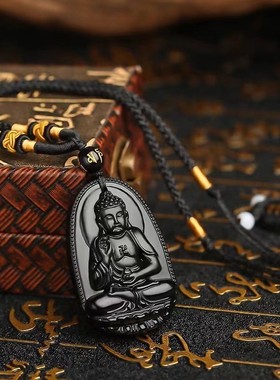 2025保真黑曜石本命佛吊坠黑曜石八大守护神项链普贤菩萨龙年生肖