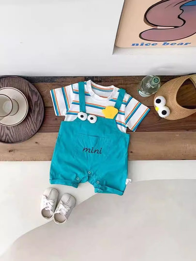 奥莱清仓婴幼儿夏装超萌洋气短袖连体哈衣男宝宝帅气薄款假两件外