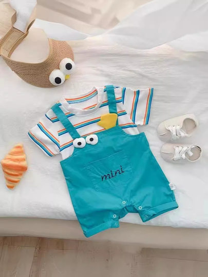 奥莱清仓婴幼儿夏装超萌洋气短袖连体哈衣男宝宝帅气薄款假两件外