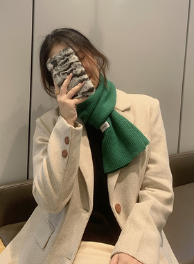 韩版柔软绿色针织百搭马尔斯绿毛线围巾女秋冬季小众纯色围脖情侣