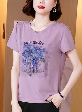 2023年夏装妈妈新款t恤女大码中老年洋气减O龄上衣宽松遮肚子小衫