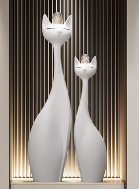 招财猫摆件一对进门玄关装饰品轻奢高档简约客厅电视柜旁竖长大号