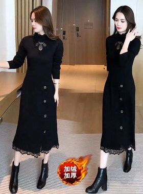 加绒针织连衣裙女冬季2025新款中长款设计感镂空长袖包臀直筒裙子