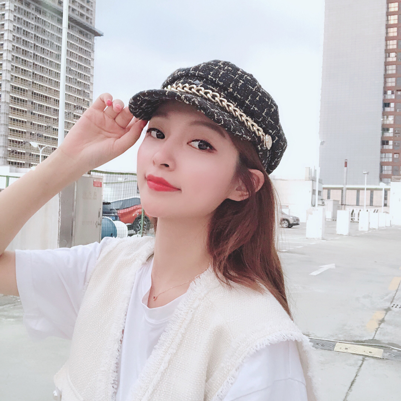 悠悠狮旗舰店网红贝雷八角帽女小香风平顶海军报童帽英伦韩版百搭春夏鸭舌帽子1
