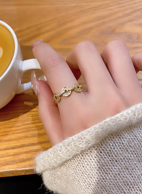 ins轻奢小众微镶钱币戒指女高级设计感开口可调节食指戒指环