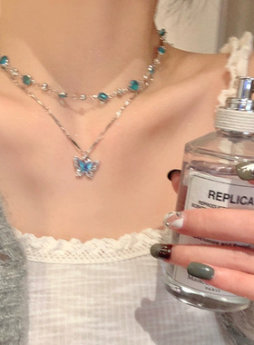 蓝色蝴蝶流苏项链女ins甜酷辣妹流苏设计叠戴锁骨链小众颈链