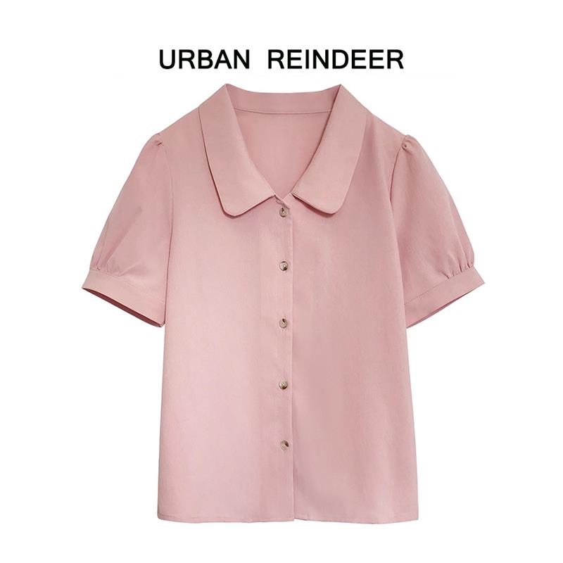 UR官方夏季粉色衬衫女法式甜美娃娃领上衣设计感小众短袖气质衬衣 - 图3