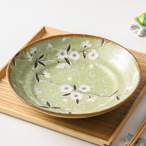 小鹿田烧日本进口陶瓷绿樱花小碗盘子碟釉下彩日式米饭碗家用餐具 - 图0