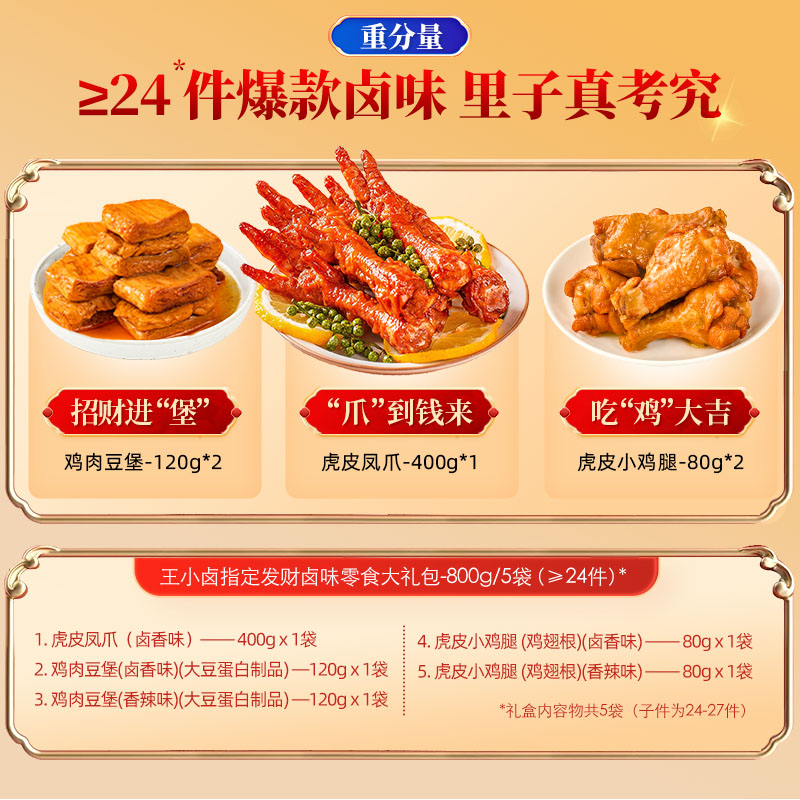 王小卤指定发财礼盒800g凤爪鸡爪卤味解馋零食大礼包即食熟食小吃