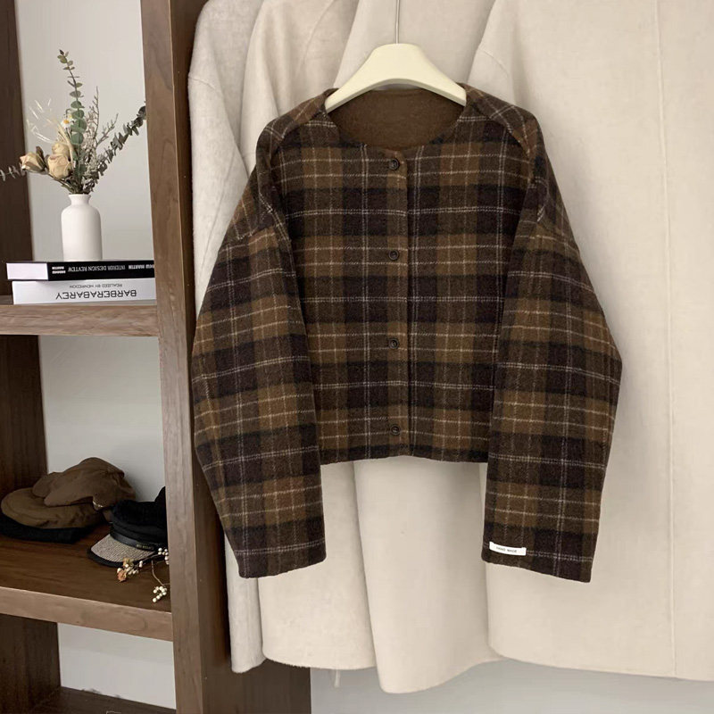 高级感格子双面羊绒大衣女短款韩版小香风单排扣圆领羊毛毛呢外套,淘宝优惠券,粉丝福利购,淘宝优惠卷