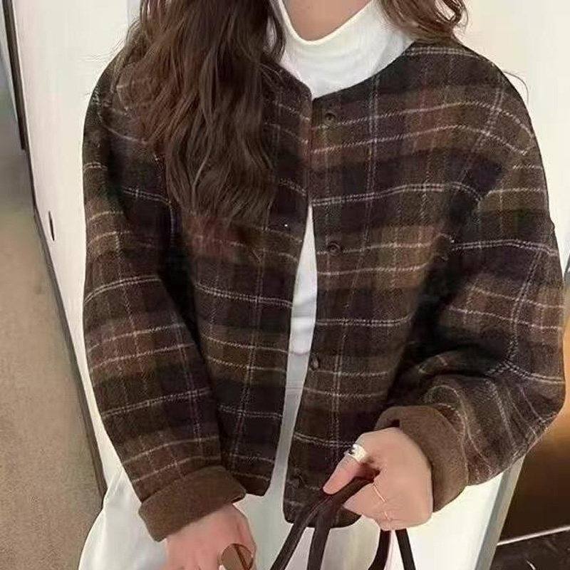 高级感格子双面羊绒大衣女短款韩版小香风单排扣圆领羊毛毛呢外套,淘宝优惠券,粉丝福利购,淘宝优惠卷