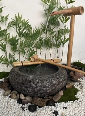 日式石钵水钵石盆石灯笼禅意庭院