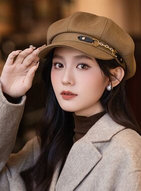 秋天氛围感帽子毛呢八角帽女秋冬显脸小贝雷帽美拉德风日本时尚画