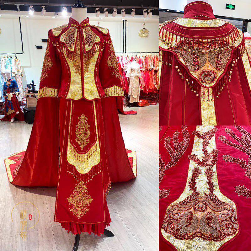 新款凤冠霞帔新娘装嫁衣古代秀禾服新娘结婚中式婚纱拖地款长披风