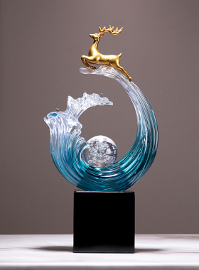 办公室风生水起摆件招财福鹿仿水晶工艺品家居酒柜装饰品乔迁礼物