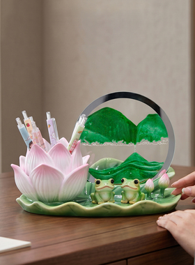 谢师礼荷莲花笔筒摆件桌面流沙画减压高考毕业纪念送老师礼物高档